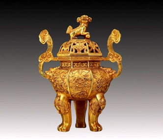 An Exquisite Gilt Bronze Eight Treasures Pattern Double-Ears and Tripod Censer