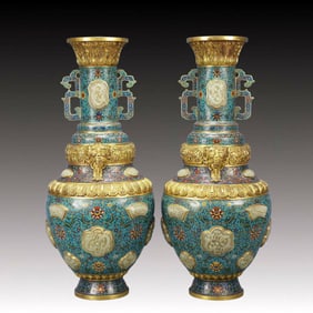 A Pair of Exquisite Cloisonne Inlaid White Jade Lotus Pattern Double-Ears Vases