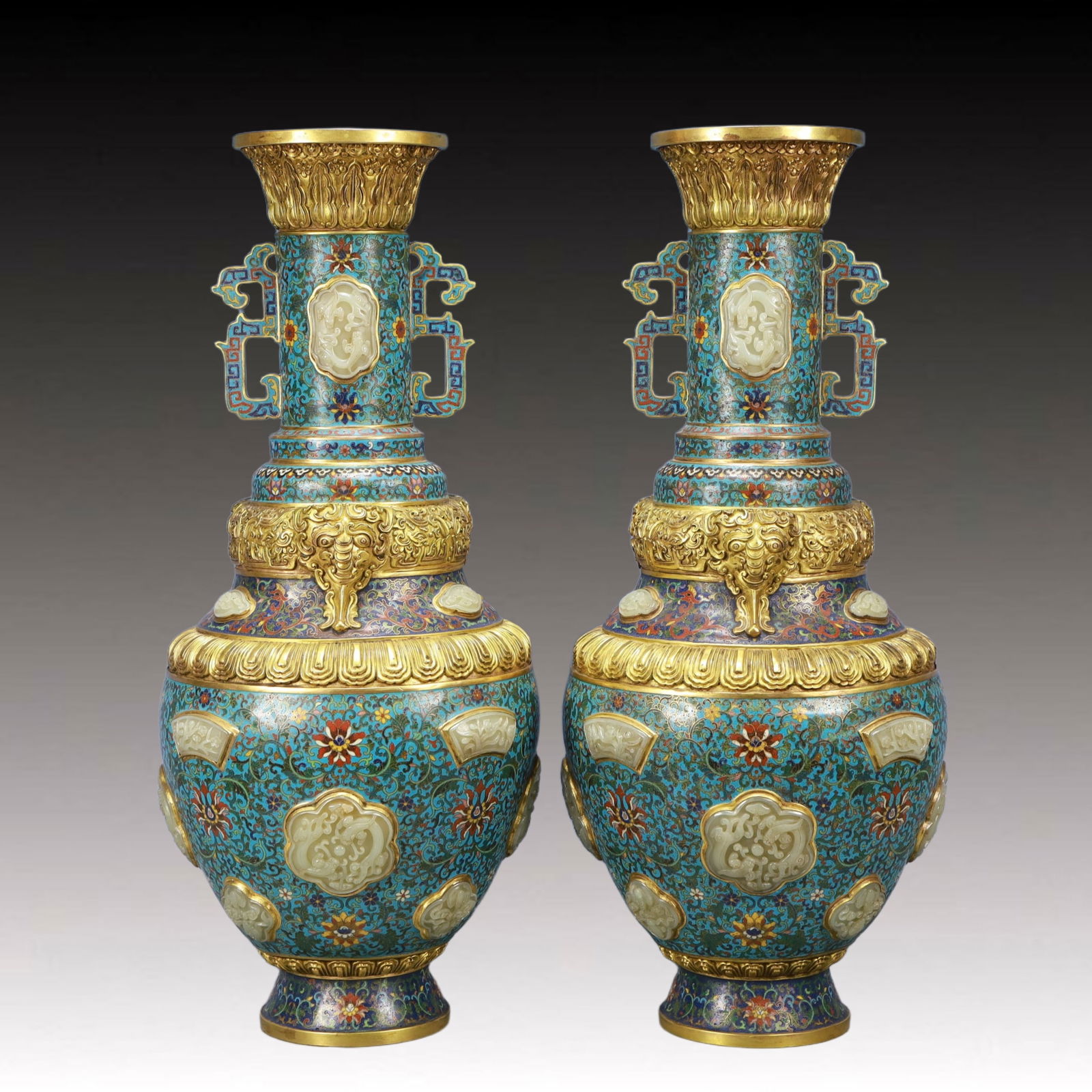 A Pair of Exquisite Cloisonne Inlaid White Jade Lotus Pattern Double-Ears Vases (1 of 14)
