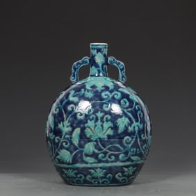 An Exquisite Blue Ground Green Glazed Lotus Pattern Double-Ears Vase