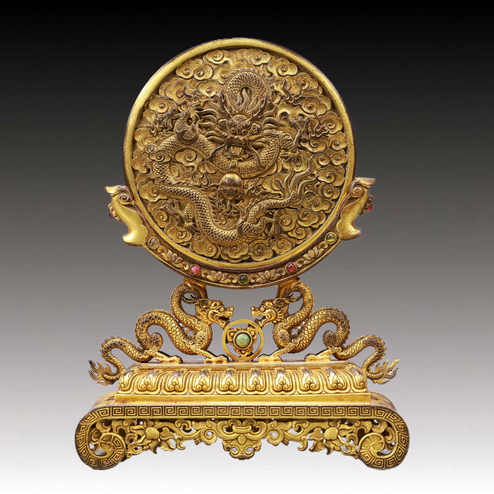 An Exquisite Gilt Bronze Inlaid Gems Auspicious Cloud and Dragon Pattern Table Screen (1 of 7)
