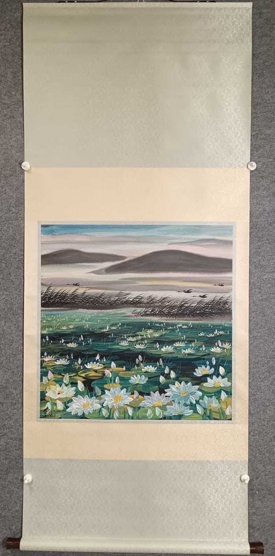 A Chinese Vertical Scroll Ink Painting of Lotus on Paper: A Chinese Vertical Scroll Ink Painting of Lotus on Paper,Lin Fengmian,Size:26.8inx26.4in 一幅中国水墨荷花画立轴,林风௩