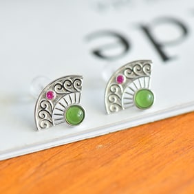 A Pair of Exquisite Sterling Silver Inlaid Jasper Earrings,Inlaid Gems