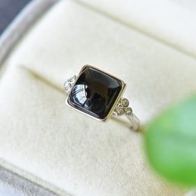A Pair of Exquisite Sterling Silver Inlaid Black Jade Ring,Inlaid Diamond