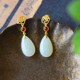 A Pair of Exquisite Sterling Silver-Gold Plated Inlaid White Jade Earrings