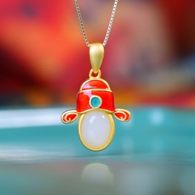 An Exquisite Sterling Silver-Gold Plated Inlaid White Jade Enamel Pendant