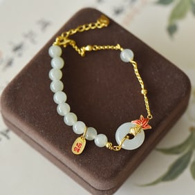 An Exquisite Sterling Silver-Gold Plated Inlaid White Jade Enamel Bracelet