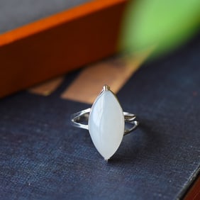 A Pair of Exquisite Sterling Silver Inlaid White Jade Ring