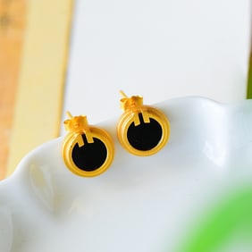 A Pair of Exquisite Sterling Silver-Gold Plated Inlaid Black Jade Earrings