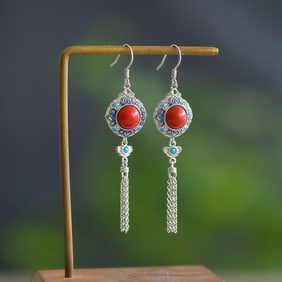 A Pair of Exquisite Sterling Silver Inlaid Cinnabar Earrings