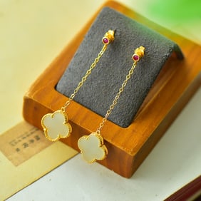 A Pair of Exquisite Sterling Silver-Gold Plated Inlaid Greenish Jade Earrings,Inlaid Gems