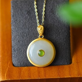 A Pair of Exquisite Sterling Silver-Gold Plated Inlaid White Jade Necklace,Inlaid Jasper