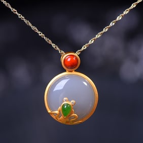 An Exquisite Sterling Silver-Gold Plated Inlaid White Jade Pendant