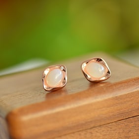 A Pair of Exquisite Sterling Silver-Gold Plated Inlaid White Jade Earrings