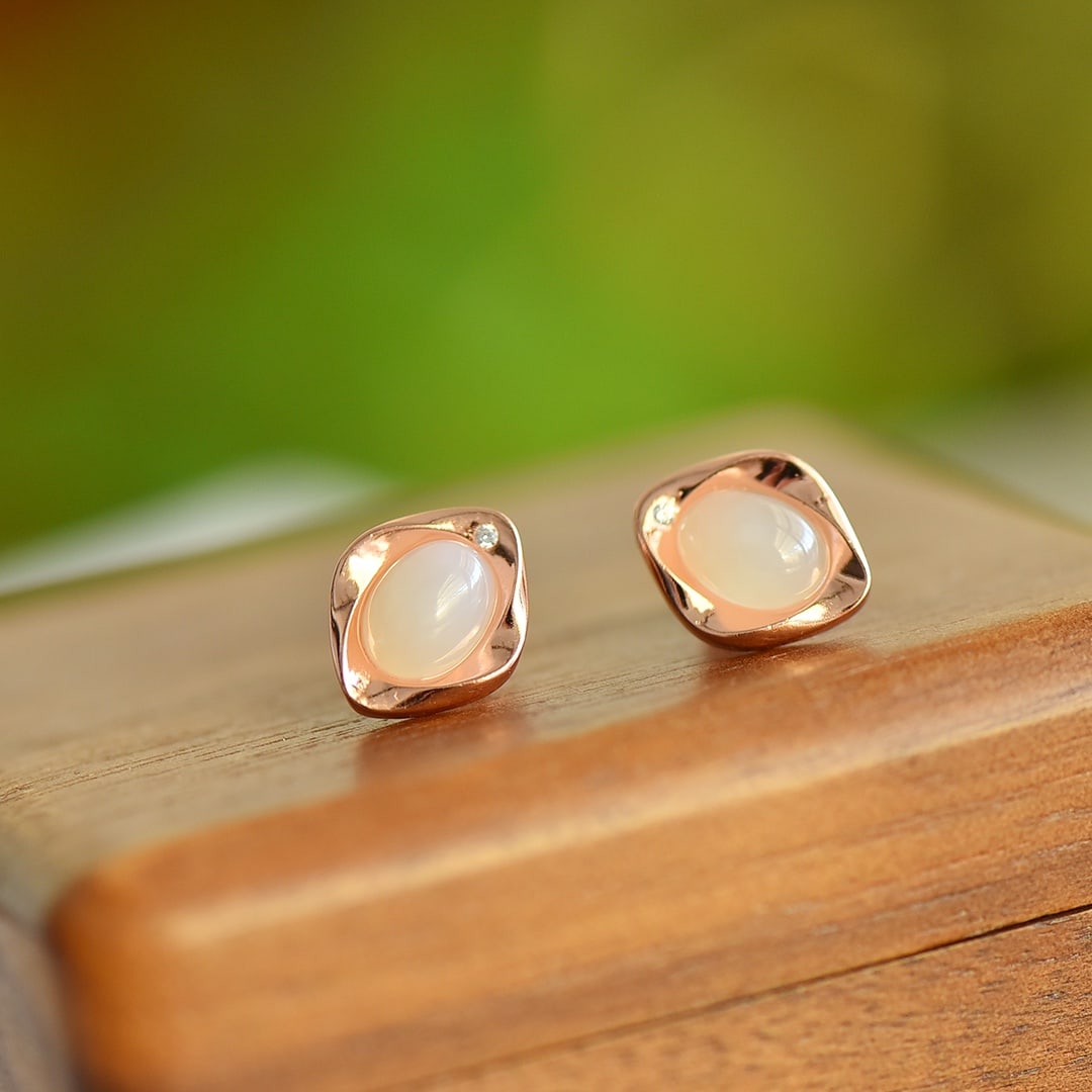 A Pair of Exquisite Sterling Silver-Gold Plated Inlaid White Jade Earrings (1 of 3)