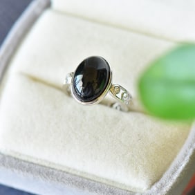 A Pair of Exquisite Sterling Silver Inlaid Black Jade Ring,Inlaid Diamond