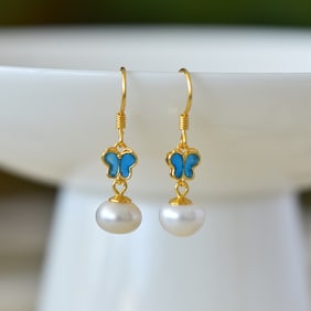 A Pair of Exquisite Sterling Silver-Gold Plated Inlaid Pearl Enamel Earrings