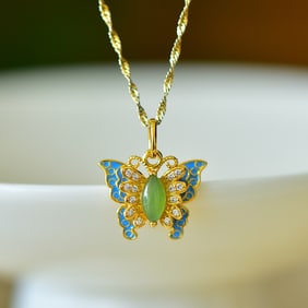 An Exquisite Sterling Silver-Gold Plated Inlaid Jasper Enamel Pendant,Inlaid Diamond