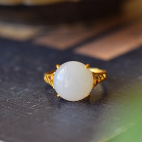 A Pair of Exquisite Sterling Silver-Gold Plated Inlaid White Jade Ring