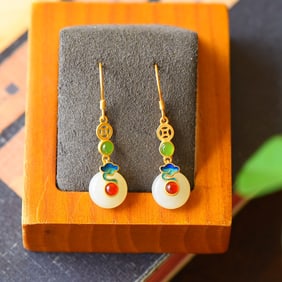 A Pair of Exquisite Sterling Silver-Gold Plated Inlaid White Jade Earrings,Inlaid Jasper