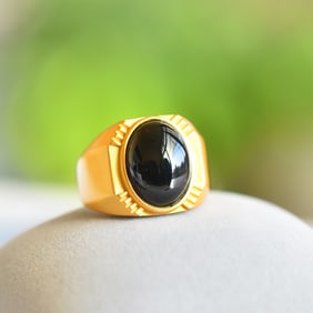 A Pair of Exquisite Sterling Silver-Gold Plated Inlaid Black Jade Ring