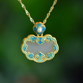 An Exquisite Sterling Silver-Gold Plated Inlaid White Jade Enamel Pendant