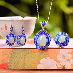 A Set of Fine Sterling Silver Inlaid White Jade Enamel Pendant