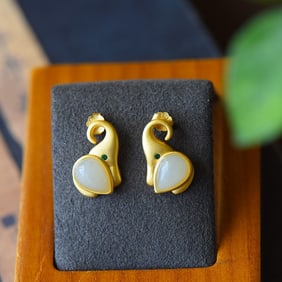 A Pair of Exquisite Sterling Silver-Gold Plated Inlaid White Jade Earrings