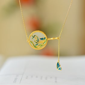 An Exquisite Sterling Silver-Gold Plated Inlaid White Jade Enamel Pendant