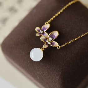 An Exquisite Sterling Silver-Gold Plated Inlaid White Jade Enamel Pendant