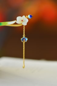 An Exquisite Sterling Silver-Gold Plated Inlaid White Jade Hairpin