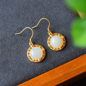 A Pair of Exquisite Sterling Silver-Gold Plated Inlaid White Jade Earrings