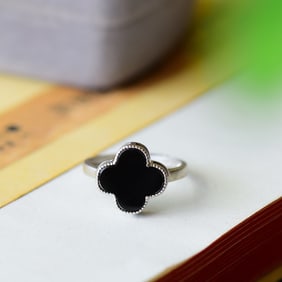 A Pair of Exquisite Sterling Silver Inlaid Black Jade Ring