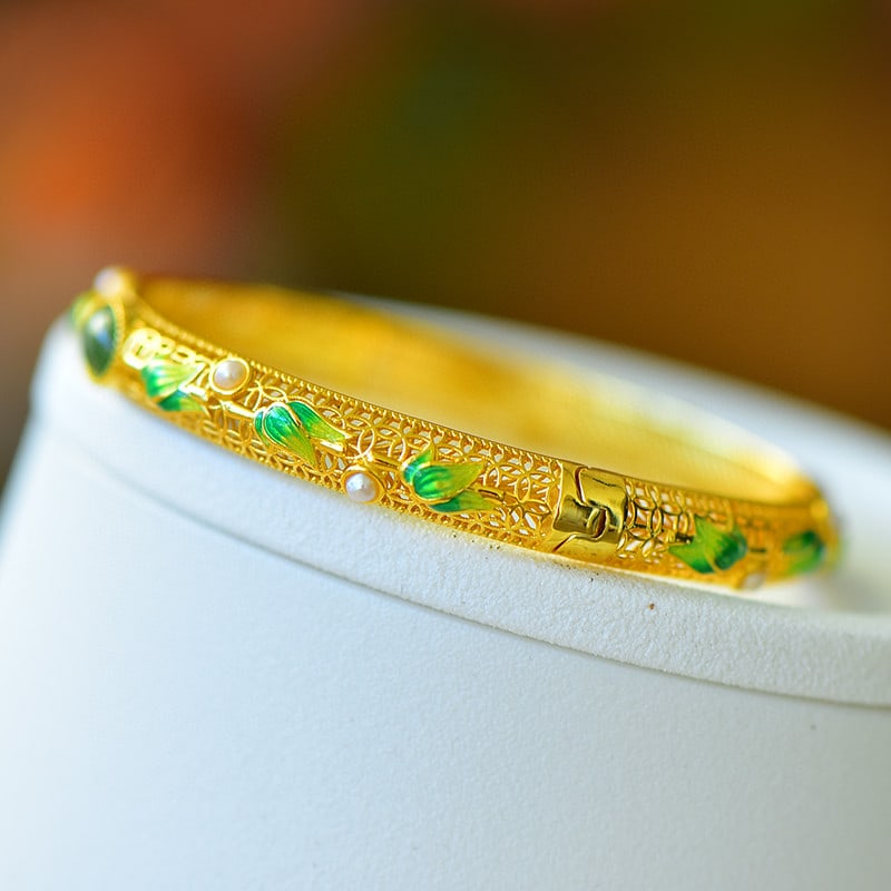 An Exquisite Sterling Silver-Gold Plated Inlaid Jasper Enamel Bracelets, Inlaid Pearl: An Exquisite Sterling Silver-Gold Plated Inlaid Jasper Enamel Bracelets, Inlaid Pearl,Size:0.2inx0.3in 