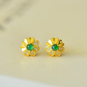 A Pair of Exquisite Sterling Silver-Gold Plated Inlaid Jadeite Earrings
