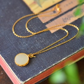 A Pair of Exquisite Sterling Silver-Gold Plated Inlaid White Jade Necklace