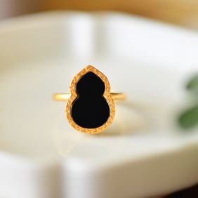 A Pair of Exquisite Sterling Silver-Gold Plated Inlaid Black Jade Ring