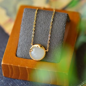 A Pair of Exquisite Sterling Silver-Gold Plated Inlaid White Jade Necklace