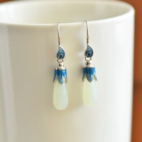 A Pair of Exquisite Sterling Silver Inlaid White Jade Enamel Earrings