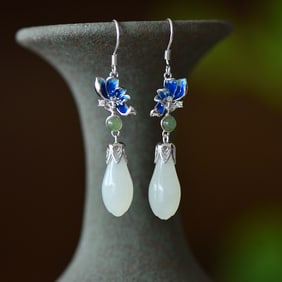A Pair of Exquisite Sterling Silver Inlaid White Jade Earrings,Inlaid Diamond