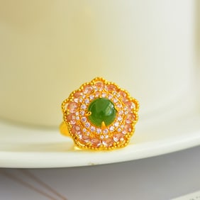 An Exquisite Sterling Silver-Gold Plated Inlaid Jasper Ring,Inlaid Diamond