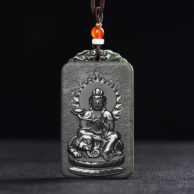 An Exquisite Cyan jade Statue of Samantabhadra Pendant