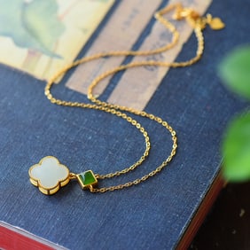 A Pair of Exquisite Sterling Silver-Gold Plated Inlaid White Jade Necklace,Inlaid Jasper