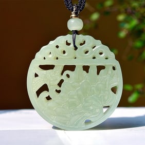 An Exquisite Greenish Jade Peony Pendant