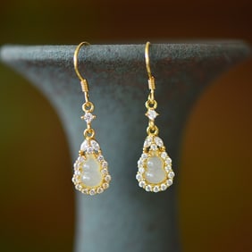 A Pair of Exquisite Sterling Silver-Gold Plated Inlaid White Jade Earrings