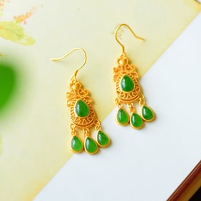 A Pair of Exquisite Sterling Silver-Gold Plated Inlaid Jasper Earrings
