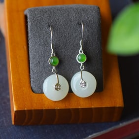 A Pair of Exquisite Sterling Silver Inlaid White Jade Earrings,Inlaid Jasper