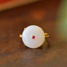 A Pair of Exquisite Sterling Silver-Gold Plated Inlaid White Jade Ring