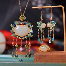 A Set of Fine  Sterling Silver-Gold Plated Inlaid White Jade Enamel Pendant
