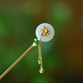 An Exquisite Sterling Silver-Gold Plated Inlaid White Jade Enamel Hairpin